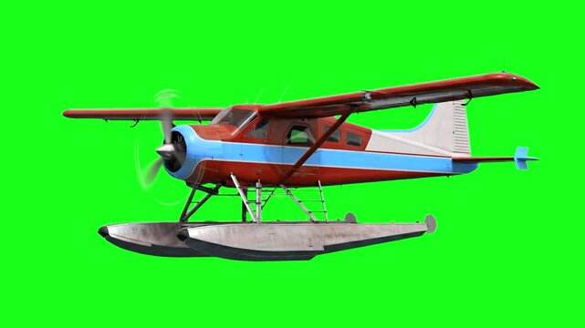 A realistic 3D model of a red and light blue floatplane or seaplane with its propeller spinning rapidly. The aquatic bush plane is isolated on a solid green screen background for easy tracking and edi