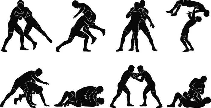 Silhouette illustration of wrestlers performing grappling and takedown techniques in professional wrestling poses
