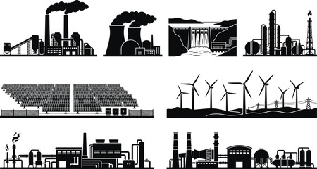 Obraz premium Black Silhouette Vector Set of Coal, Nuclear, Hydro, Solar, Wind, Oil, Gas, and Thermal Power Plants