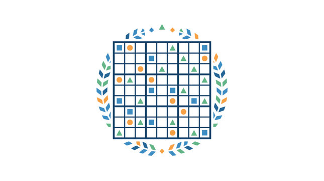 Geometric Sudoku Logic Puzzle with Colorful Shapes and Decorative Wreath Frame
