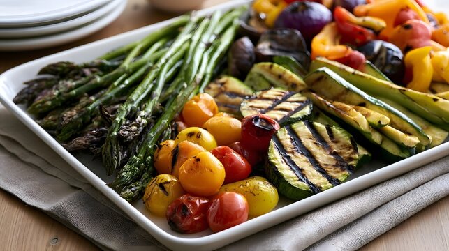 A vibrant seasonal grilled vegetable platter displayed elegantly on a linen napkin creating a peaceful and healthy outdoor dining atmosphere