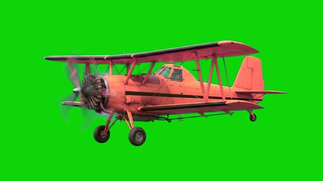 A detailed 3D animation of a classic vintage red biplane with a spinning propeller and visible landing gear. The historic utility aircraft is isolated on a green screen backdrop for seamless integrati
