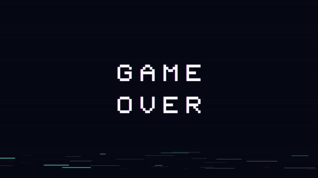 Game over text on 8 bit pixel glitch effect animation