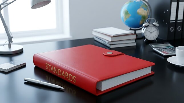 Red leather office binder clearly marked standards placed neatly upon dark workspace table alongside essential business tools like desk lamp globe calculator cup ink pen documents.