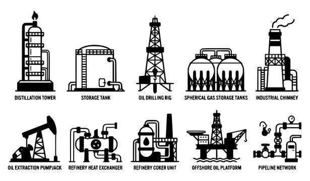 Heavy industrial refinery tower and oil extraction icons vector set for mining and energy processing operations illustration
