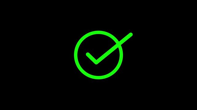 Bright neon green check mark icon inside a circle on a dark black background representing success and approval