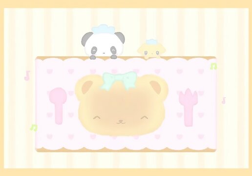 Cute Kawaii Dessert Plate Large Yellow Bear Head Pastry Closed Smile Light Green Bow Pink Heart Placemat Pink Spoon Fork Sides Yellow White Striped Background Panda Little Yellow Dog Peeking Above Swe