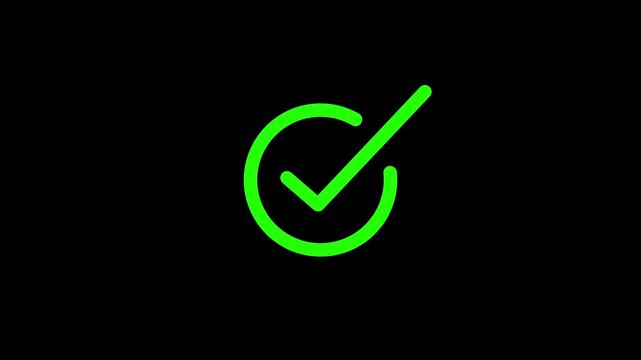 Bright green neon circular loading progress icon with a tick mark inside isolated on a deep black background for web and mobile app user interface design elements and digital technology concepts
