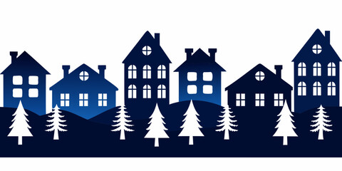 Stylized townscape with blue houses and evergreen trees vector illustration © Tilottama