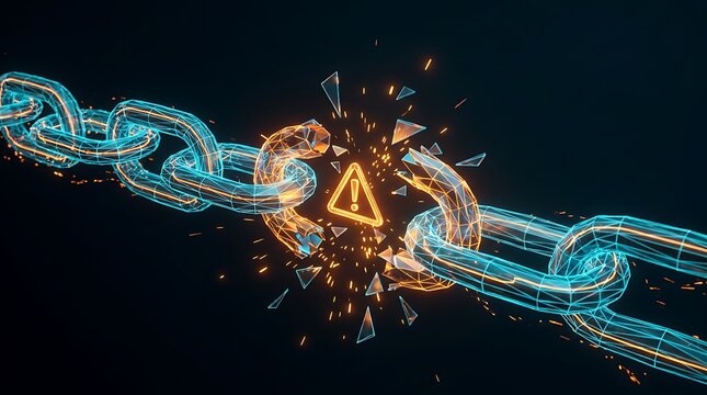 Digital blockchain chain link breaking with glowing hazard warning symbol and debris exploding outwards digitally rendered concept.