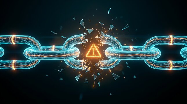 Digital blockchain chain link breaking with glowing hazard warning symbol and debris exploding outwards digitally rendered concept.