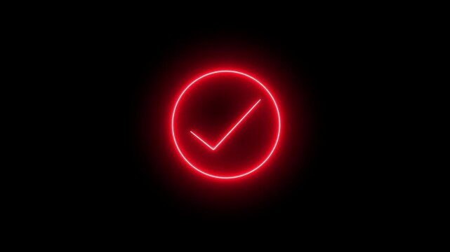 Glowing red neon circle with a check mark inside isolated on a dark black background representing a successful task completion sign or a vibrant digital notification symbol for web or mobile design