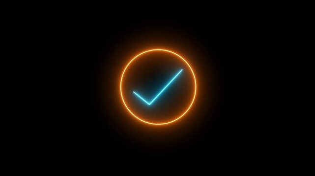 Glowing neon circle with a blue check mark inside isolated on a dark black background for abstract digital design elements or modern loading icons