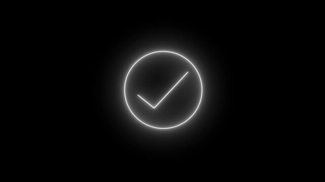 Glowing white neon circle with a check mark inside isolated on a deep black background representing a successful task completion or verified status symbol for digital user interface design