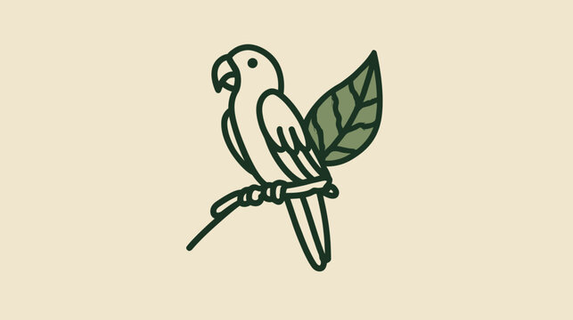 Green line art parrot on branch with leaf.