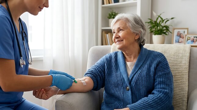 Friendly medical professional performs blood draw on cheerful elderly female patient at home setting showing compassionate care and professional nursing skills during routine health visit.