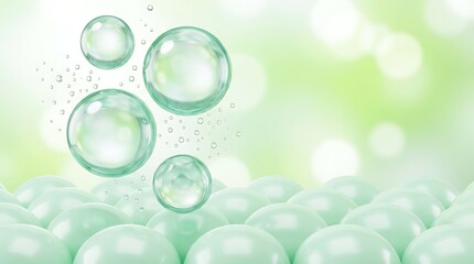 Fototapeta premium Macro view of clear cosmetic bubbles with tiny droplets floating above soft green spherical surface abstractly.