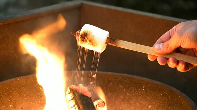 toasting marshmallow on fire pit.