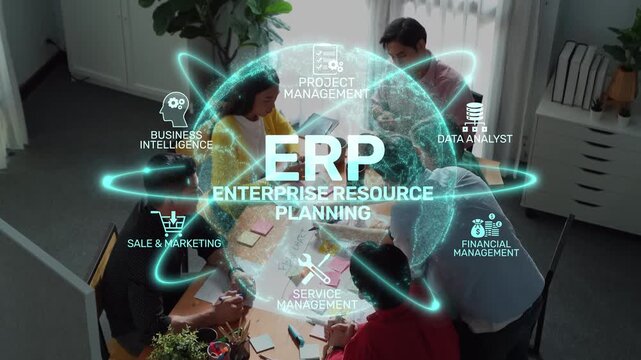 A diverse team collaborates in a modern office to strategize enterprise resource planning through data analysis, project management, and innovative techniques. Raster