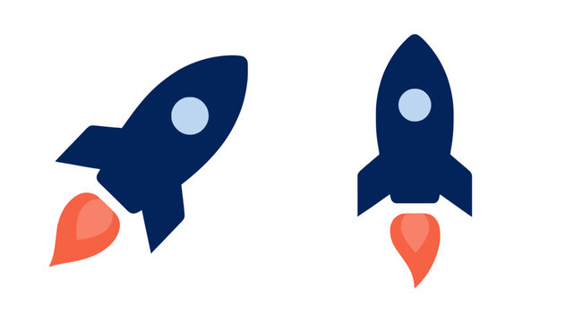 Dark blue rocket ship icons depicting launch and ascent with bright orange flame exhaust, representing growth and innovation, isolated on white background