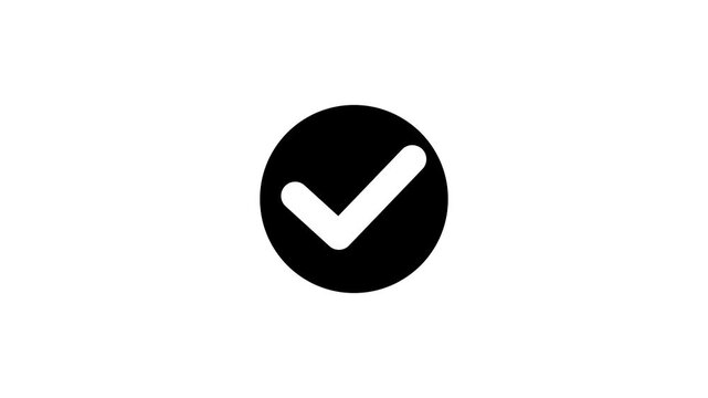 Black circle icon with a white check mark symbol representing a successful task completion or correct choice for modern digital user interface design elements and website buttons graphics