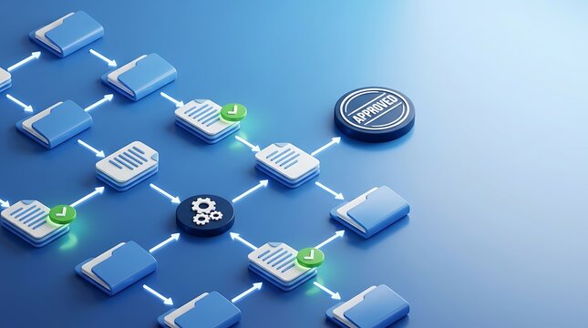 Automated document processing workflow showing organized files connected by blue pathways with gear icon representing efficient data management system and successful approval.