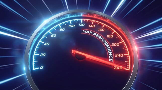 Detailed performance meter shows max performance on scale 0 to 240, indicating high speed, optimal functionality, and peak efficiency.