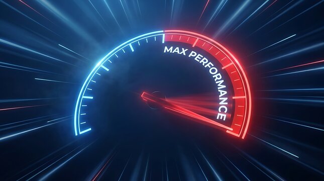 Performance meter shows max performance, indicating high speed, optimal functionality, and peak efficiency with glowing red needle and blue scale.