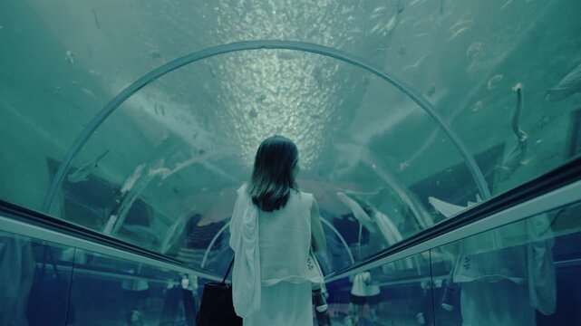 Asian mother holding her baby boy, watching big fish swimming in a giant aquarium tank.