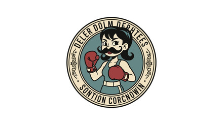 Fototapeta premium Retro Boxer Woman with Mustache and Boxing Gloves, Vintage Cartoon Style