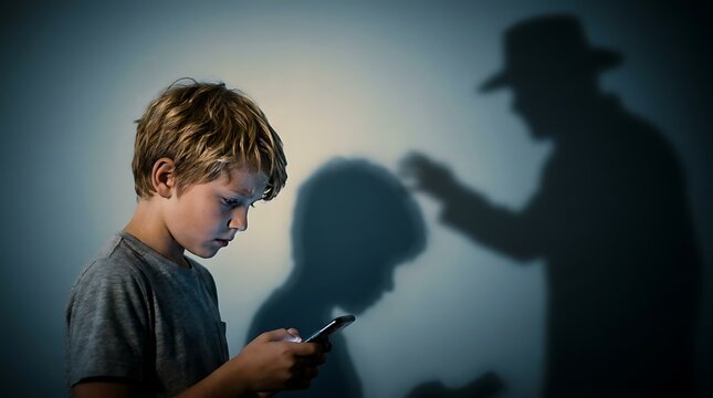 Young boy engrossed in smartphone, shadowy figure with hat looms behind, representing online danger, cyberbullying, child protection, technology risk and fear.