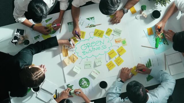 Top view of professional business team working together to brainstorm environmental idea by using mind map. Aerial view of smart manager talking and discussing about sustainable energy. Alimentation.