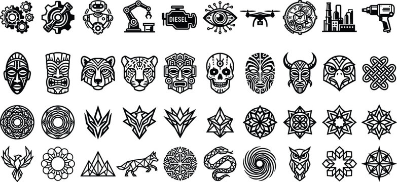 Geometric animal logo industrial gear and tribal mask lineart emblem collection bundle for creative brand design vector