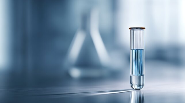 testtube. A glass test tube containing blue liquid in a softly lit laboratory, evoking scientific research. STEM education sheets, lab safety posters, designed for biotech research communications.