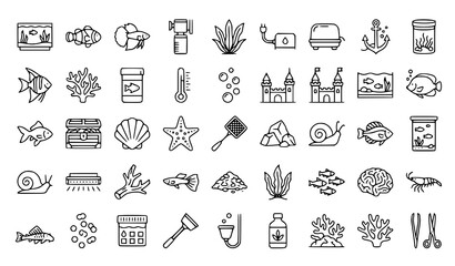 Aquatic ecosystem line icons fish coral aquarium supplies and underwater castle elements © Alamin