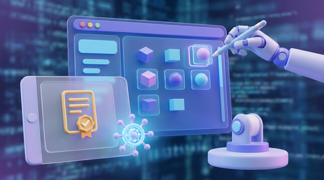 AI web development automation and robotic interface concept with 3D illustration of a robot hand designing a software dashboard interface next to a digital certificate icon