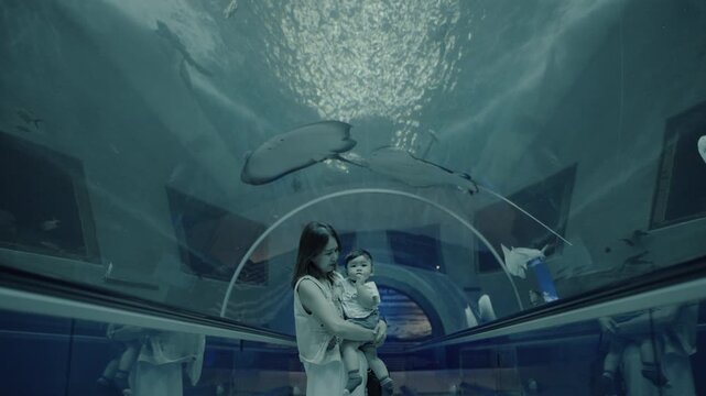 Asian mother holding her baby boy, watching big fish swimming in a giant aquarium tank.
