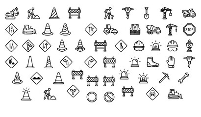 Construction safety icons set road work hazard equipment and worker protection line art © Alamin