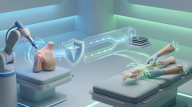 Robotic spine surgery technology and medical insurance concept with 3D illustration of an orthopedic bone model under robot hands next to an arm scanner and medical shield
