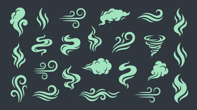Collection of stylized green wind gusts and smoke steam icons set on dark background, symbolizing fresh air flow and illustrating weather movement or scent elements