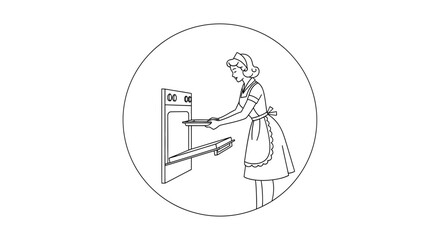 Obraz premium Retro Woman Baking Cookies in Vintage Kitchen Oven