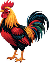 Colorful rooster vector illustration featuring a proud farm bird with vibrant feathers and red comb isolated on white background for design © MstBizly
