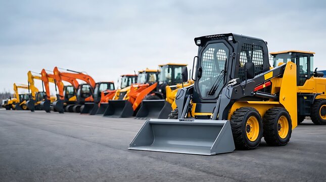 Compact yellow skid steer loader stands parked on paved lot with various construction machines lined up behind it under cloudy overcast sky at equipment dealership yard in daytime.