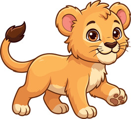 Fototapeta premium Cute baby lion cub vector cartoon character illustration walking playfully isolated on white background for kids nursery and apparel design