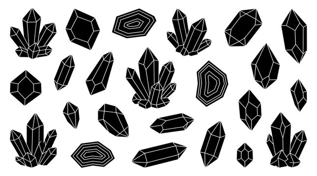 Collection of various black crystal silhouettes, gemstone shapes and mineral clusters isolated on white background, symbolizing mystical spiritual healing and representing logo design