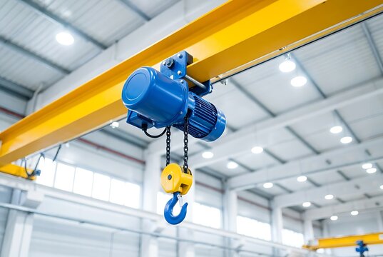 Blue electric chain hoist mounted on yellow overhead crane girder in manufacturing plant interior, industrial lifting equipment detail.