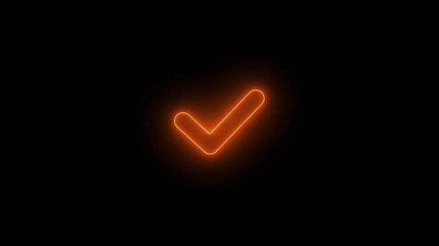 Glowing orange check mark icon with a neon light effect on a dark black background representing success and approval