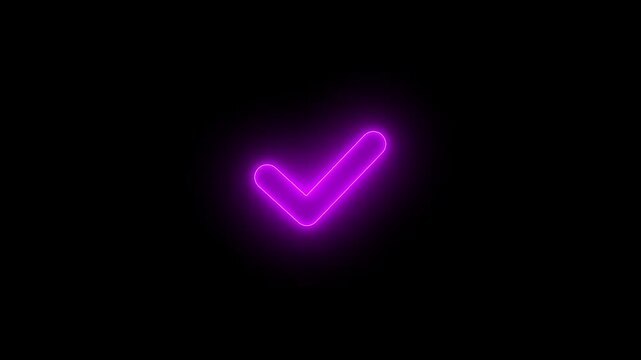 Glowing purple neon check mark icon isolated on a dark black background representing a successful task completion or a positive confirmation symbol for digital user interface design and web graphics