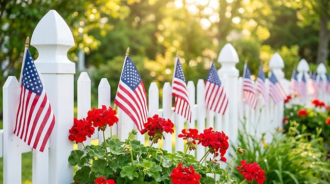 Row of small american flags decorate white picket fence with red geranium flowers in sunny garden celebrating patriotism and freedom during summer holiday season.