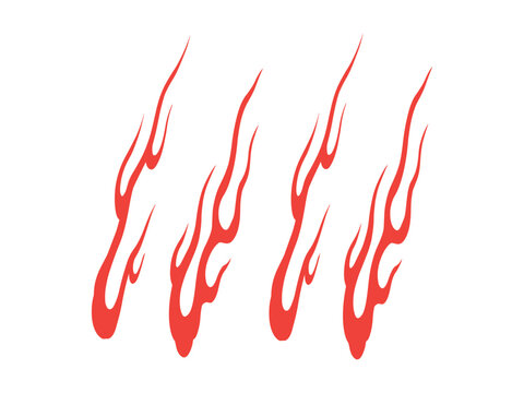Traditional Japanese fire flame graphic element pack. Four dynamic red flame trails stylized in classic Irezumi tattoo and ukiyo e art style, isolated on a white background